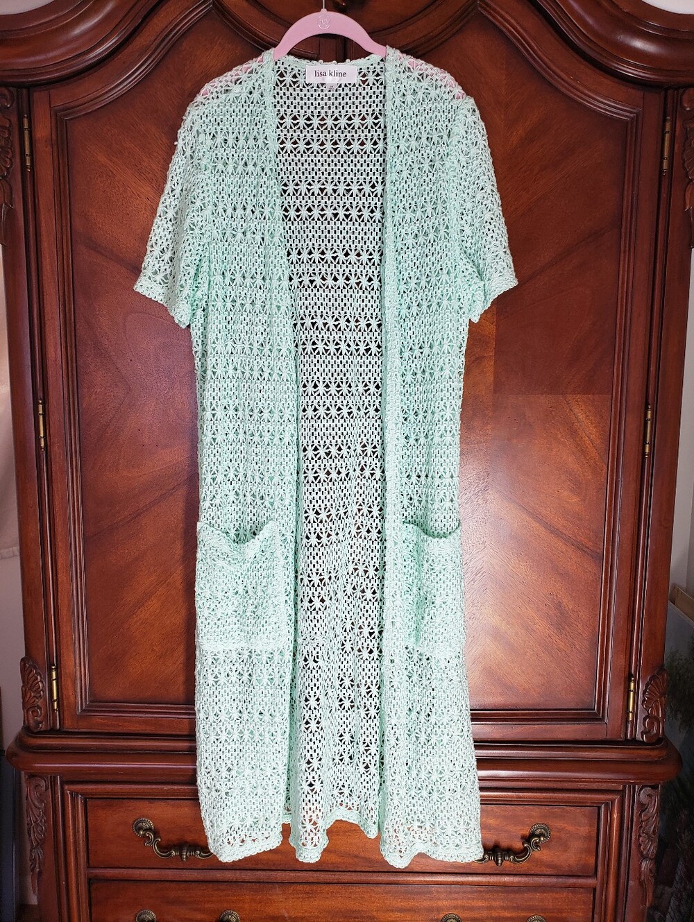 Lisa Kline Mint Green Crochet Long Duster Cardigan